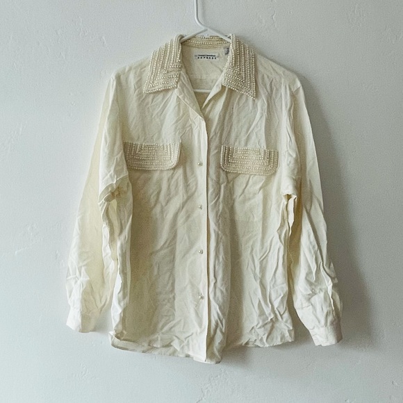 Vintage Pearl Embellished Long Sleeve Button Down Blouse - Picture 3 of 8